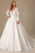 Rutipo Ivory Plus Size Satin Ball-Gown Plunge Long Sleeves Wedding Dresses With Appliques Lace