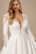 Rutipo Ivory Plus Size Satin Ball-Gown Plunge Long Sleeves Wedding Dresses With Appliques Lace