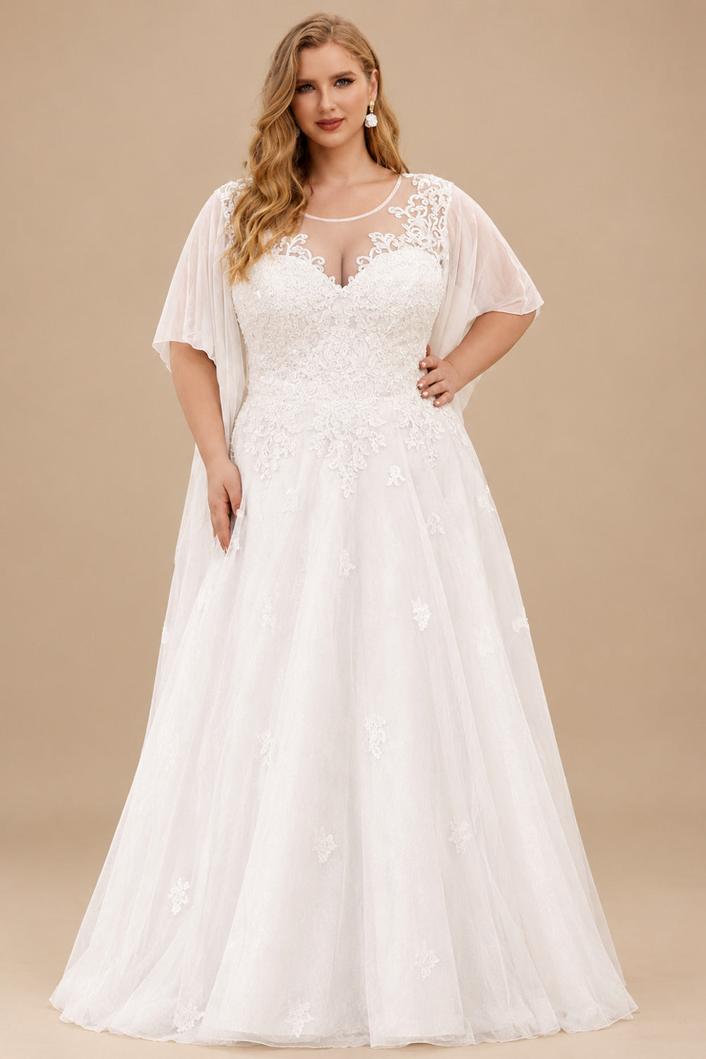 Rutipo Ivory Plus Size Elegant Lace A-Line Wedding Dresses With Illusion Neck Short Sleeves