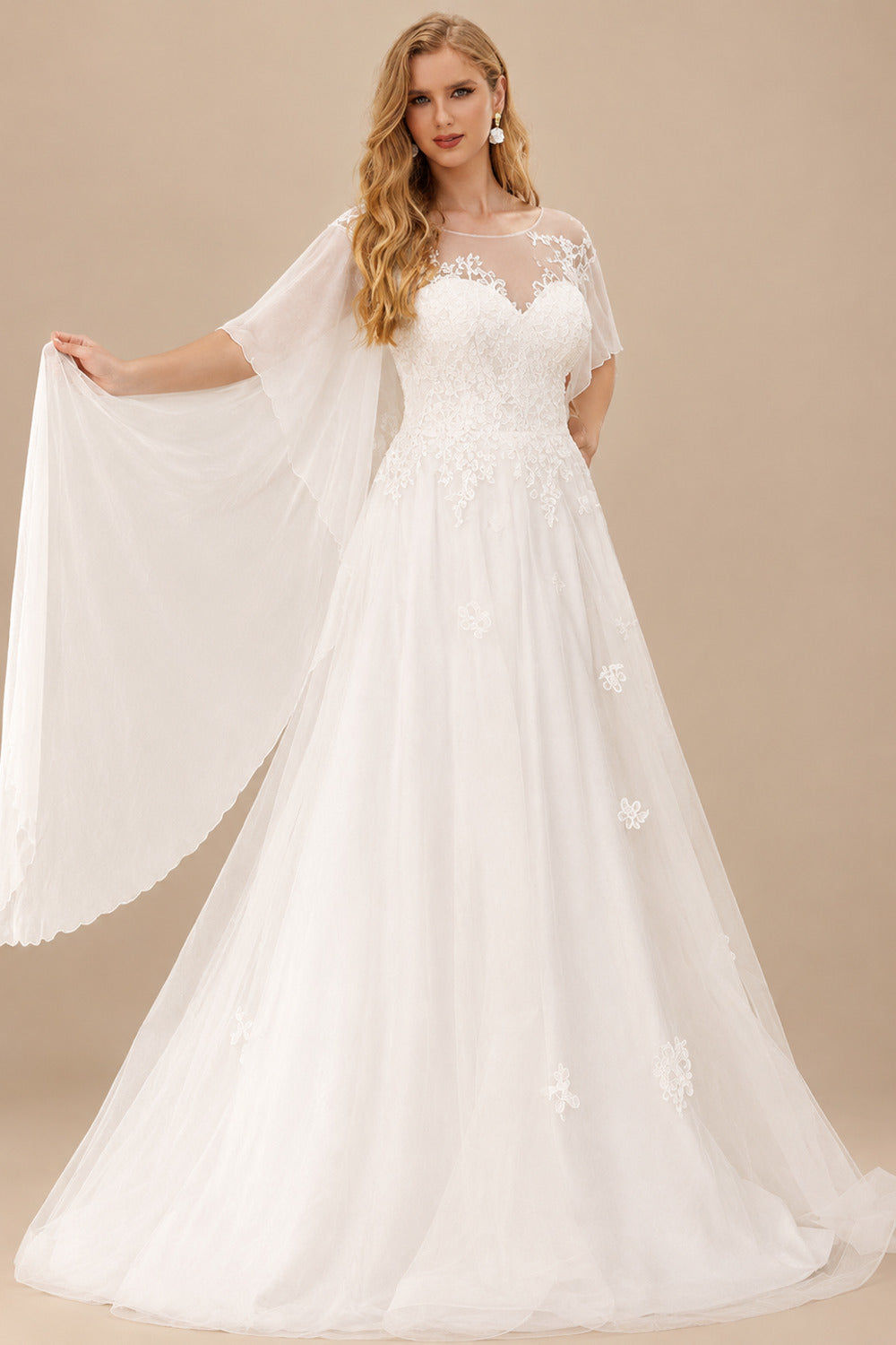 Rutipo Ivory Plus Size Elegant Lace A-Line Wedding Dresses With Illusion Neck Short Sleeves