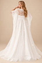 Rutipo Ivory Plus Size Elegant Lace A-Line Wedding Dresses With Illusion Neck Short Sleeves