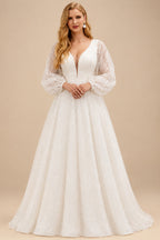 Rutipo Ivory Sparkly Plus Size Ball Gown V-Neck Long Sleeves Wedding Dresses