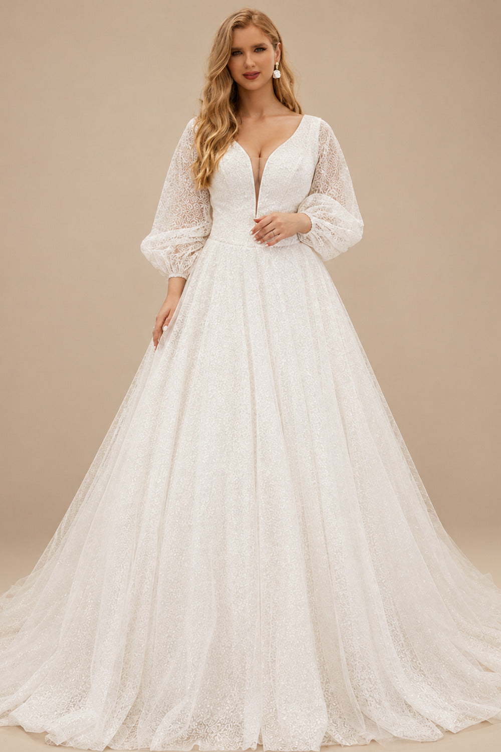 Rutipo Ivory Sparkly Plus Size Ball Gown V-Neck Long Sleeves Wedding Dresses
