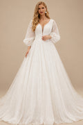 Rutipo Ivory Sparkly Plus Size Ball Gown V-Neck Long Sleeves Wedding Dresses