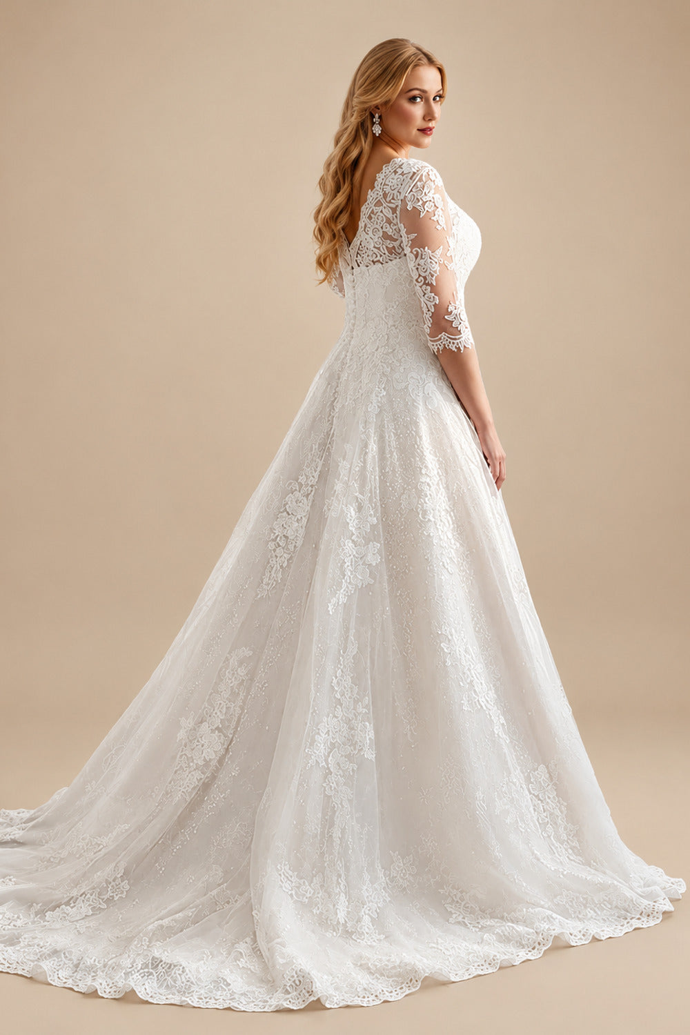 Rutipo As Picture Plus Size Boho A-Line Illusion Neck Wedding Dresses With Lace/Tulle Sleeves