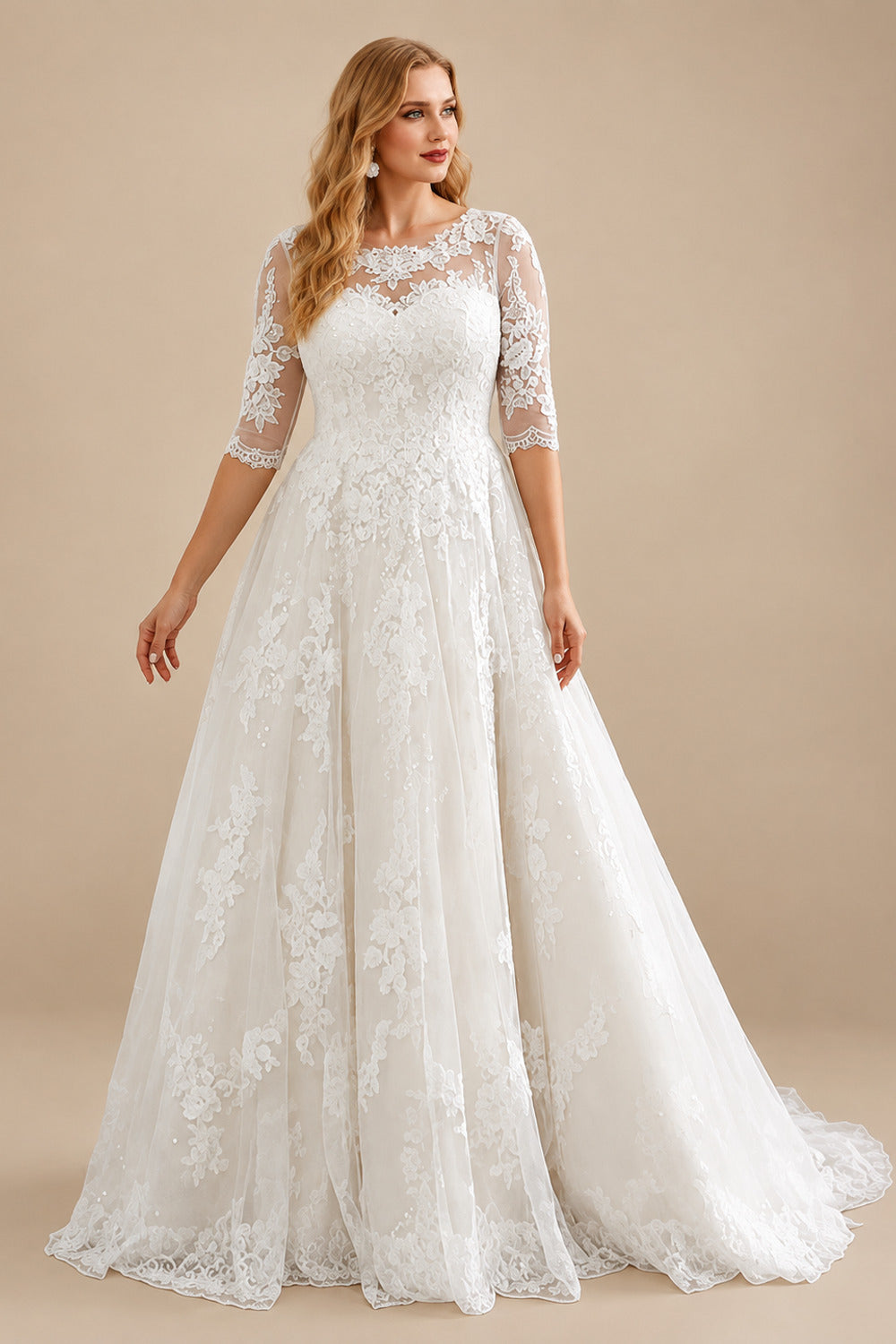 Rutipo As Picture Plus Size Boho A-Line Illusion Neck Wedding Dresses With Lace/Tulle Sleeves