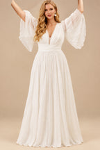 Rutipo Ivory Plus Size Boho A-Line V-Neck Long Sleeves Pleated Wedding Dresses With Chiffon