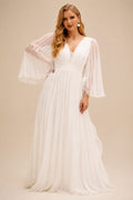 Rutipo Ivory Plus Size Boho A-Line V-Neck Long Sleeves Pleated Wedding Dresses With Chiffon