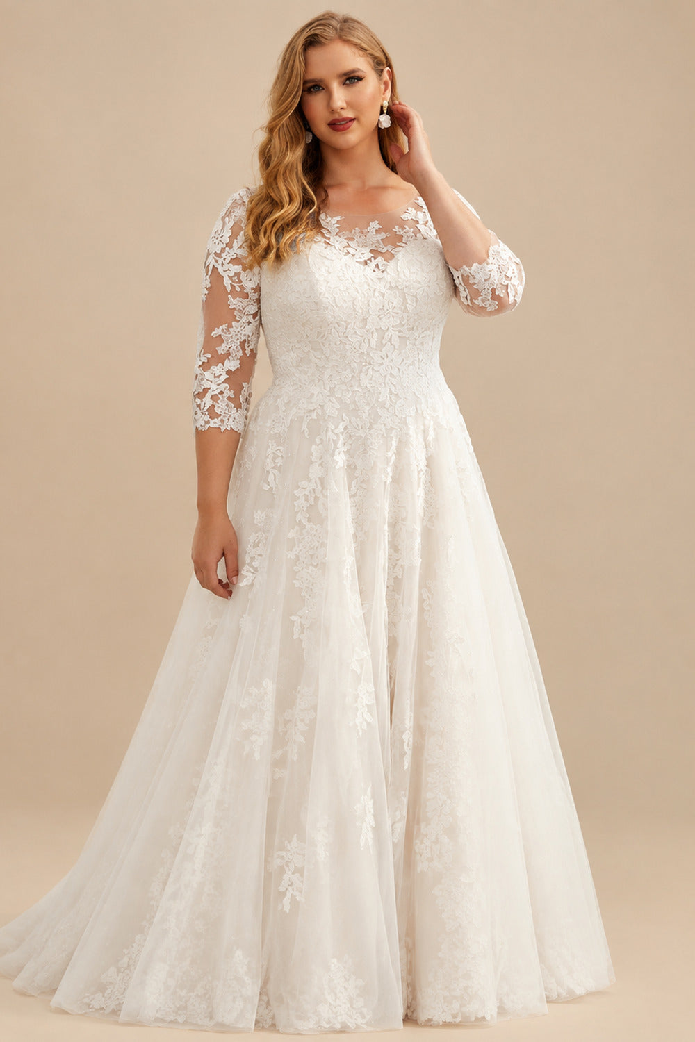 Rutipo As Picture Elegant Plus Size A-Line Sleeves Lace/Tulle Wedding Dresses With Illusion Neck