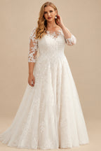 Rutipo As Picture Elegant Plus Size A-Line Sleeves Lace/Tulle Wedding Dresses With Illusion Neck