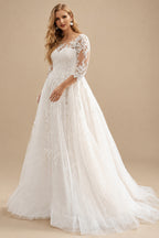 Rutipo As Picture Elegant Plus Size A-Line Sleeves Lace/Tulle Wedding Dresses With Illusion Neck
