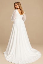 Rutipo Ivory Boho Curve A-Line Long Sleeves Tulle Wedding Dresses With V-Neck