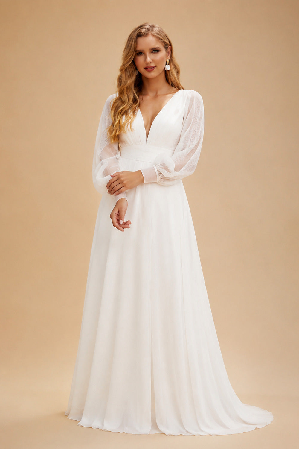 Rutipo Ivory Boho Curve A-Line Long Sleeves Tulle Wedding Dresses With V-Neck