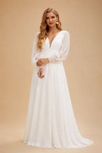 Rutipo Ivory Boho Curve A-Line Long Sleeves Tulle Wedding Dresses With V-Neck