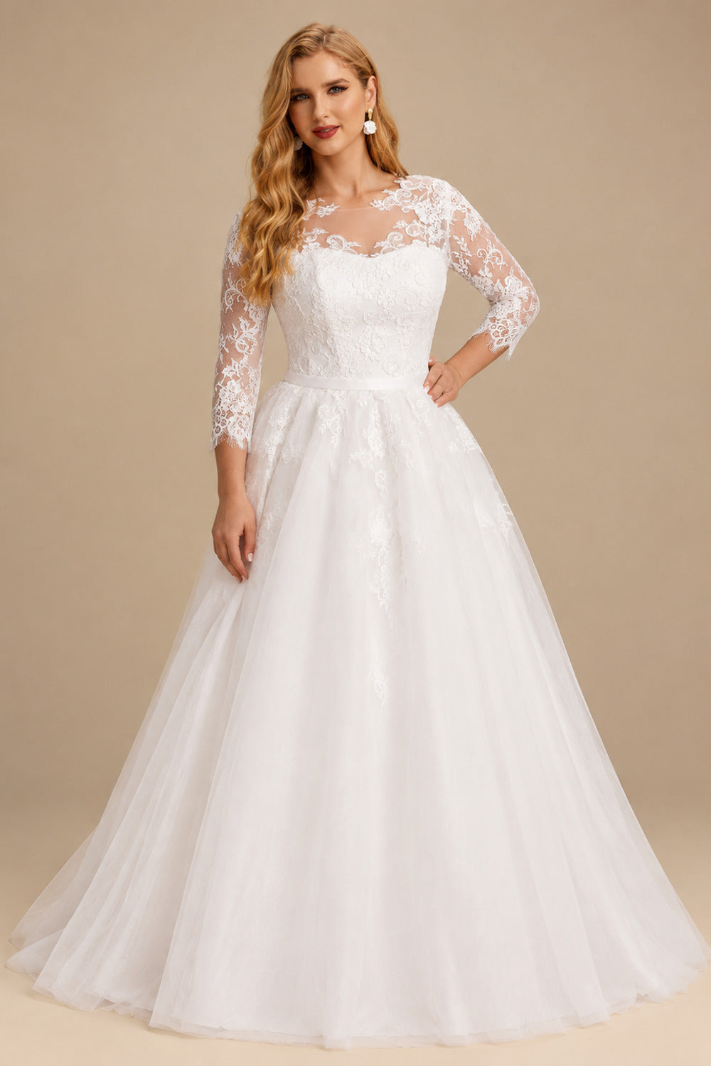 Rutipo Ivory Plus Size Ball-Gown Illusion Neck Tulle Wedding Dresses With Appliques Lace Sleeves