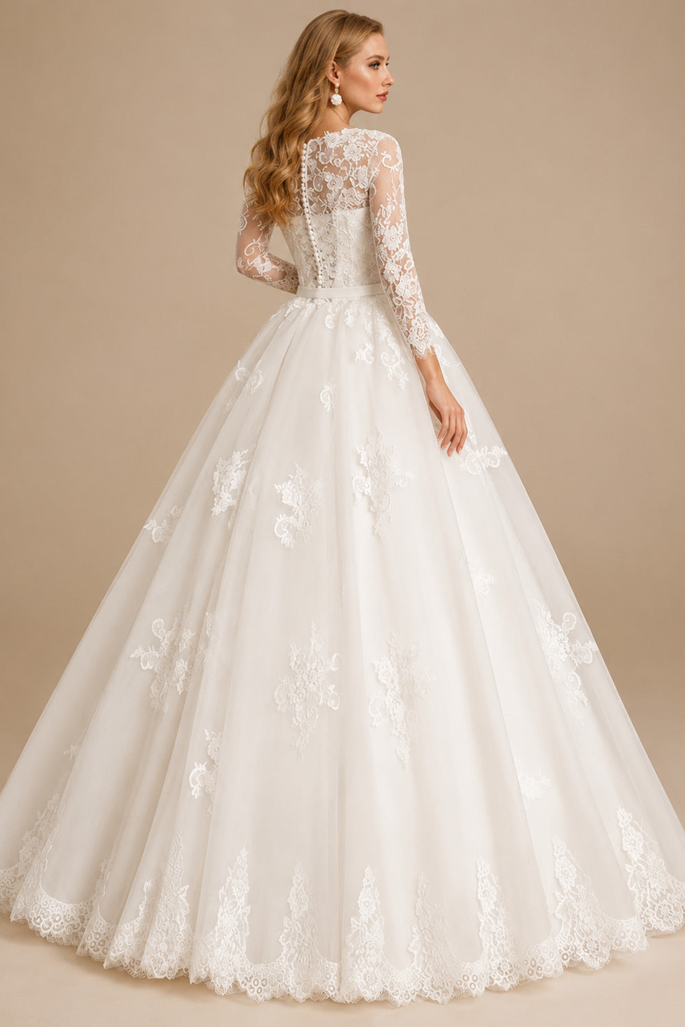 Rutipo Ivory Plus Size Ball-Gown Illusion Neck Tulle Wedding Dresses With Appliques Lace Sleeves