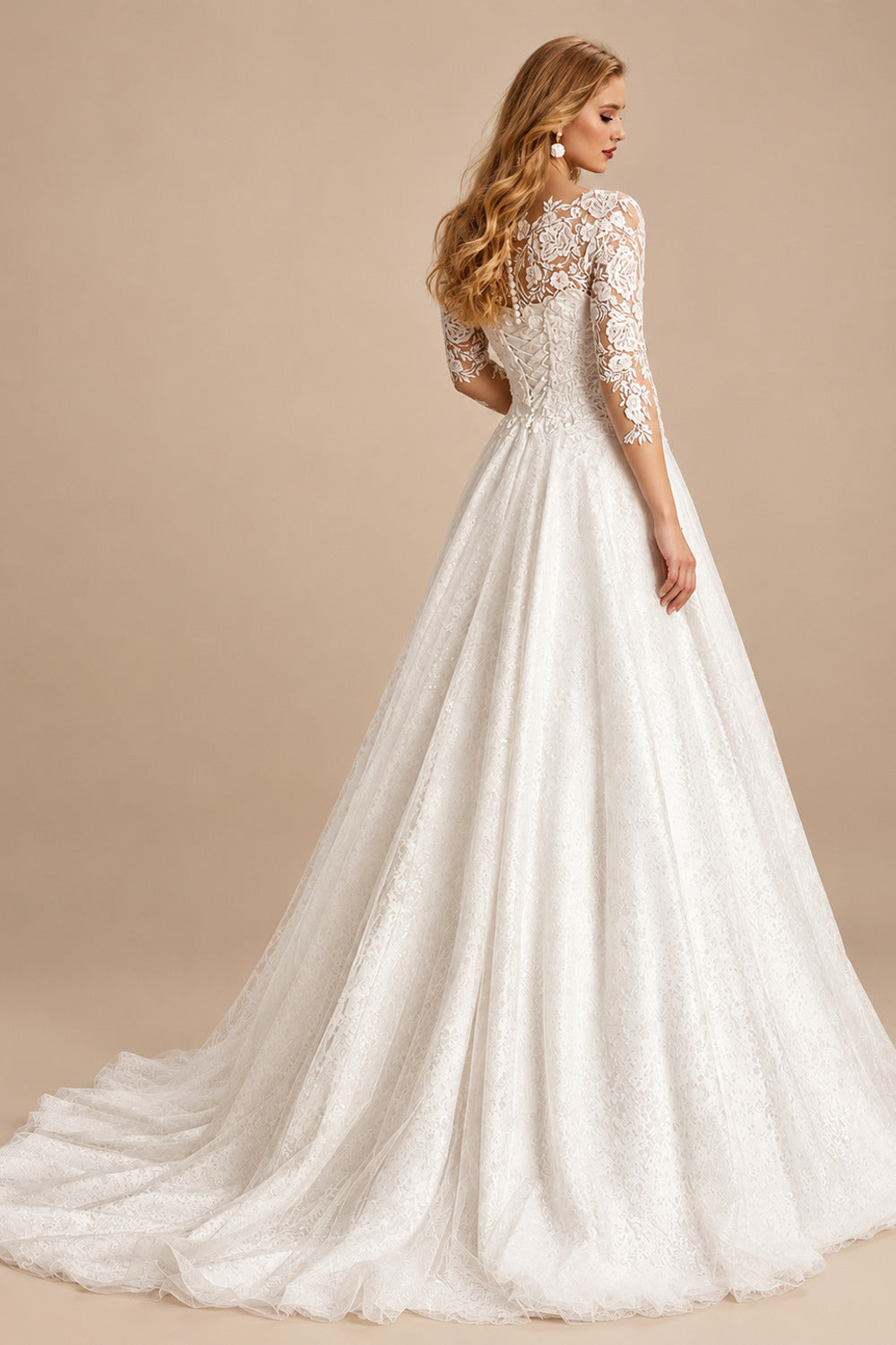 Rutipo Ivory Curve Elegant Ball Gown V-Neck Sleeves Wedding Dresses With Appliques Lace