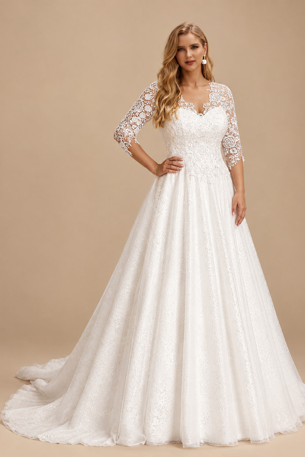 Rutipo Ivory Curve Elegant Ball Gown V-Neck Sleeves Wedding Dresses With Appliques Lace