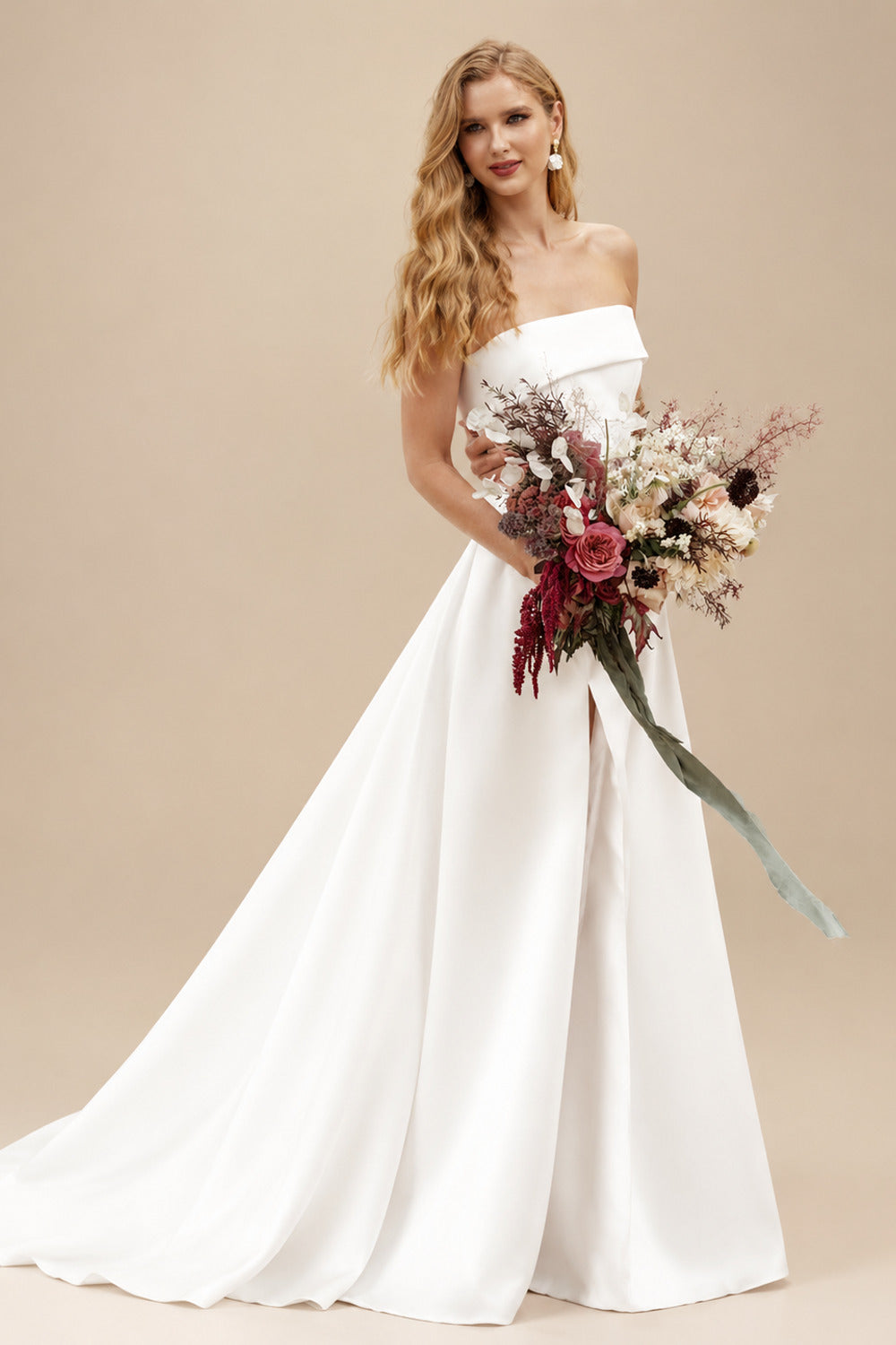 Rutipo Ivory A-Line Strapless Sleeveless Sweep Train Satin Wedding Dresses