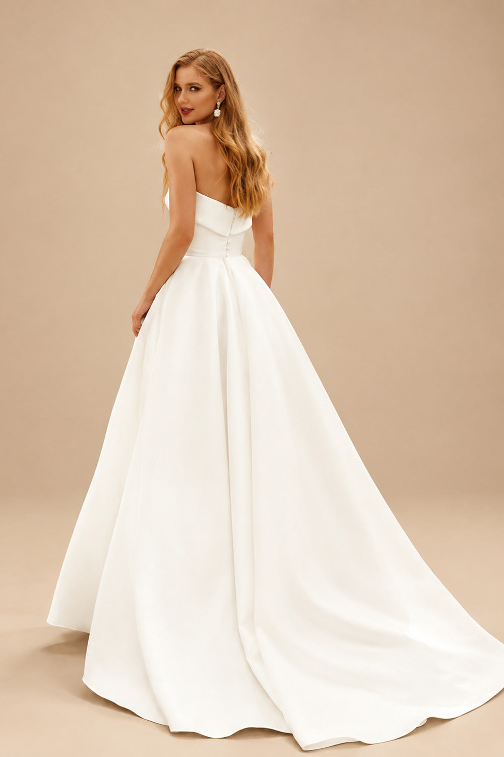 Rutipo Ivory A-Line Strapless Sleeveless Sweep Train Satin Wedding Dresses