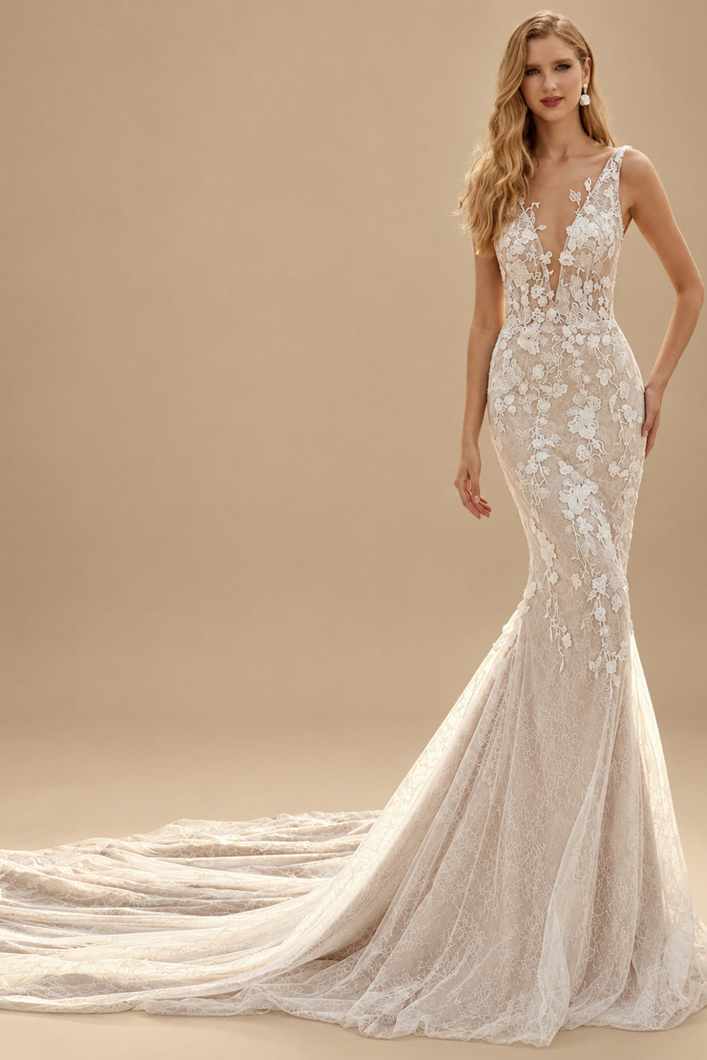 Rutipo As Picture Trumpet/Mermaid Illusion Neck Tulle Wedding Dresses With Appliques Lace