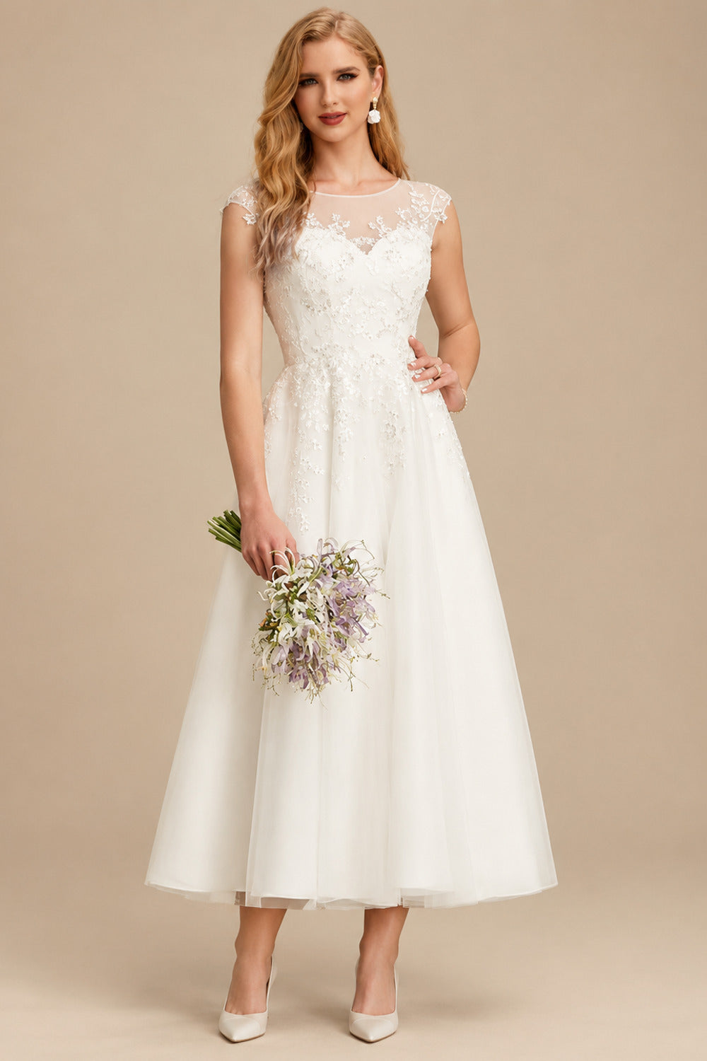 Rutipo Ivory A-Line Illusion Neck Vintage Tulle Wedding Dresses With Appliques Lace