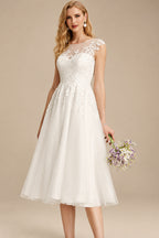 Rutipo Ivory A-Line Illusion Neck Vintage Tulle Wedding Dresses With Appliques Lace
