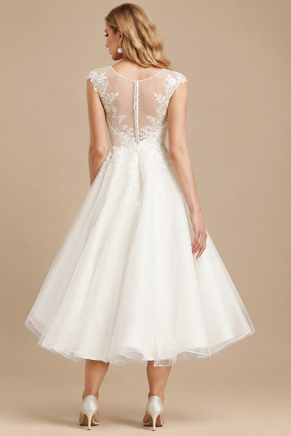 Rutipo Ivory A-Line Illusion Neck Vintage Tulle Wedding Dresses With Appliques Lace