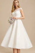 Rutipo Ivory A-Line Illusion Neck Vintage Tulle Wedding Dresses With Appliques Lace