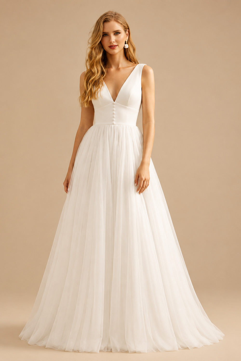 Rutipo Ivory Ball-Gown V-Neck Sleeveless Court Train Elegant Satin/Tulle Wedding Dresses