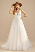Rutipo Ivory Ball-Gown V-Neck Sleeveless Court Train Elegant Satin/Tulle Wedding Dresses