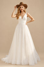 Rutipo Ivory Ball-Gown V-Neck Sleeveless Court Train Elegant Satin/Tulle Wedding Dresses