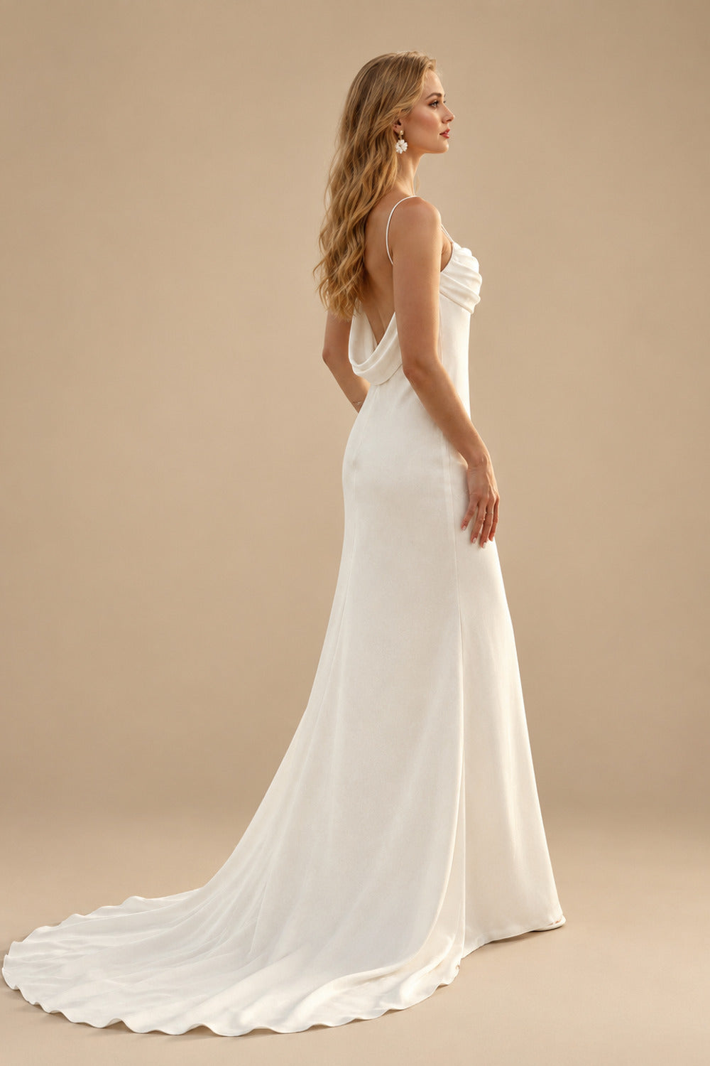Rutipo Ivory Cowl Neck Backless Sheath/Column Chapel Train Wedding Dresses With Silk Like Satin
