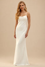 Rutipo Ivory Cowl Neck Backless Sheath/Column Chapel Train Wedding Dresses With Silk Like Satin