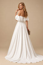 Rutipo Ivory Off-The-Shoulder Satin Ball-Gown Wedding Dresses With Sweep Train