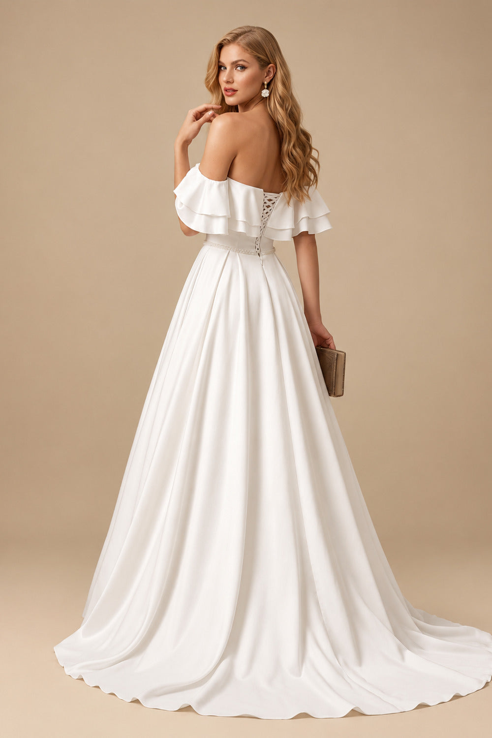 Rutipo Ivory Off-The-Shoulder Satin Ball-Gown Wedding Dresses With Sweep Train