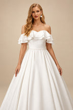 Rutipo Ivory Off-The-Shoulder Satin Ball-Gown Wedding Dresses With Sweep Train