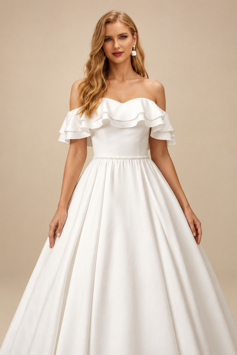 Rutipo Ivory Off-The-Shoulder Satin Ball-Gown Wedding Dresses With Sweep Train