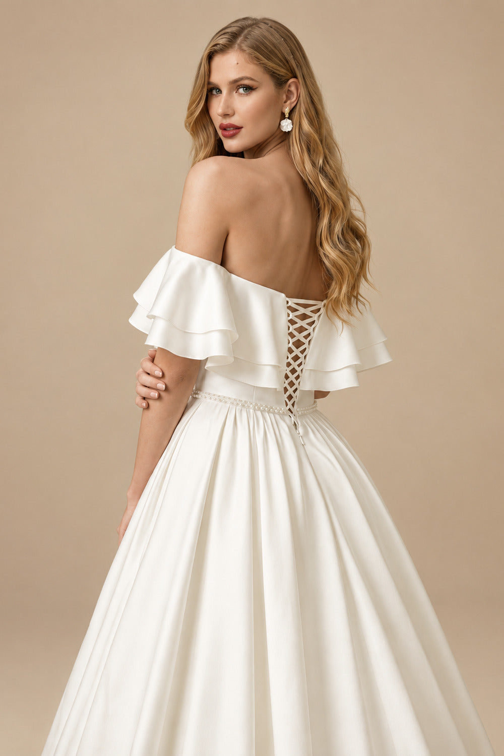 Rutipo Ivory Off-The-Shoulder Satin Ball-Gown Wedding Dresses With Sweep Train