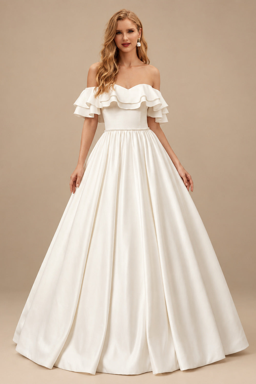 Rutipo Ivory Off-The-Shoulder Satin Ball-Gown Wedding Dresses With Sweep Train