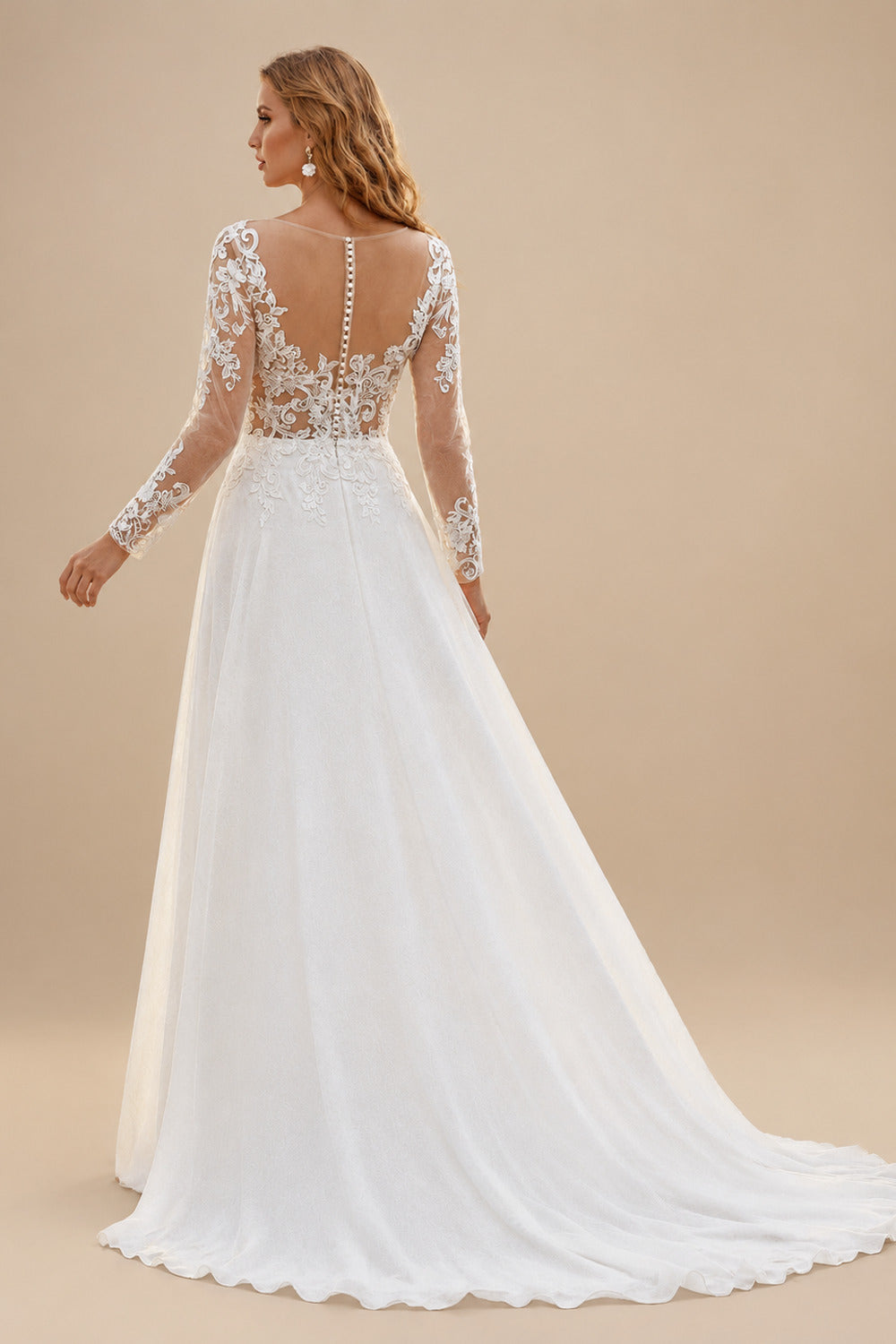 Rutipo As Picture A-Line Illusion Neck Long Sleeves Sweep Train Wedding Dresses With Lace