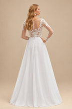 Rutipo As Picture A-Line Illusion Neck Long Sleeves Sweep Train Wedding Dresses With Lace