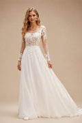Rutipo As Picture A-Line Illusion Neck Long Sleeves Sweep Train Wedding Dresses With Lace