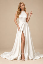Rutipo Ivory A-Line Halter Sleeveless Court Train Satin Wedding Dresses With Bow(s)