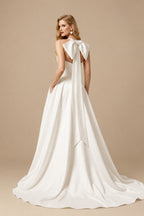 Rutipo Ivory A-Line Halter Sleeveless Court Train Satin Wedding Dresses With Bow(s)