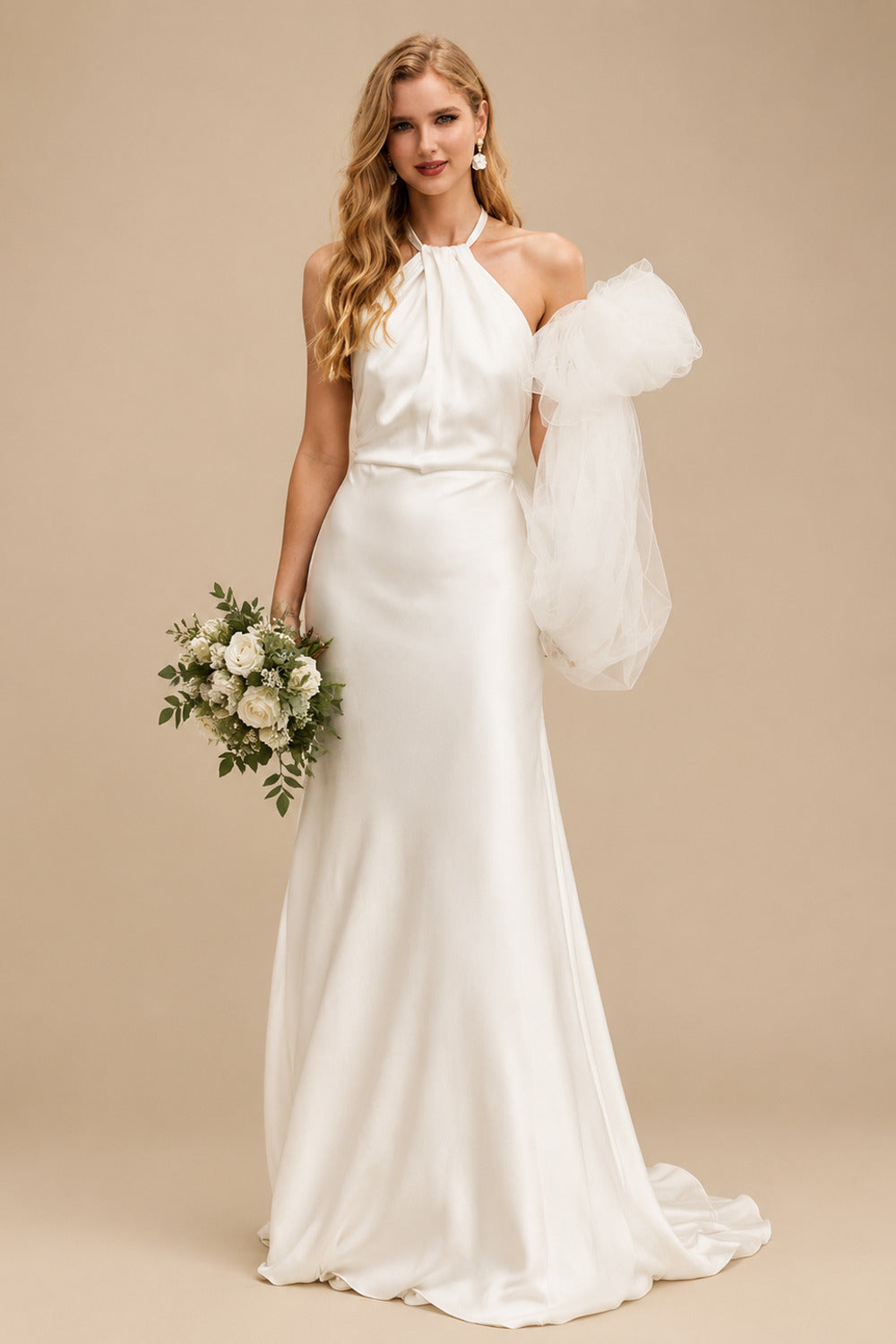 Rutipo Ivory Open Back Halter Sleeveless Sweep Train Silk Like Satin Wedding Dresses