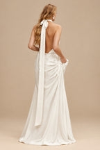 Rutipo Ivory Open Back Halter Sleeveless Sweep Train Silk Like Satin Wedding Dresses
