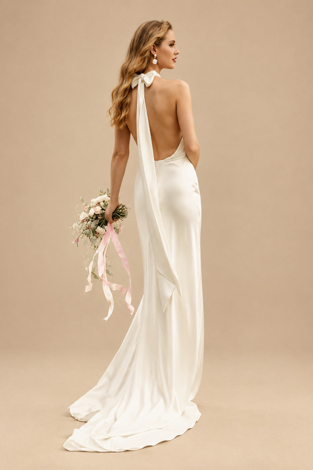 Rutipo Ivory Open Back Halter Sleeveless Sweep Train Silk Like Satin Wedding Dresses