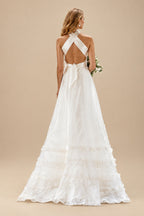 Rutipo Ivory A-Line Halter Sleeveless Sweep Train Silk Like Satin Wedding Dresses