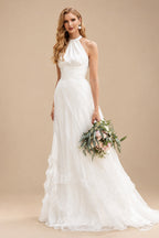 Rutipo Ivory A-Line Halter Sleeveless Sweep Train Silk Like Satin Wedding Dresses